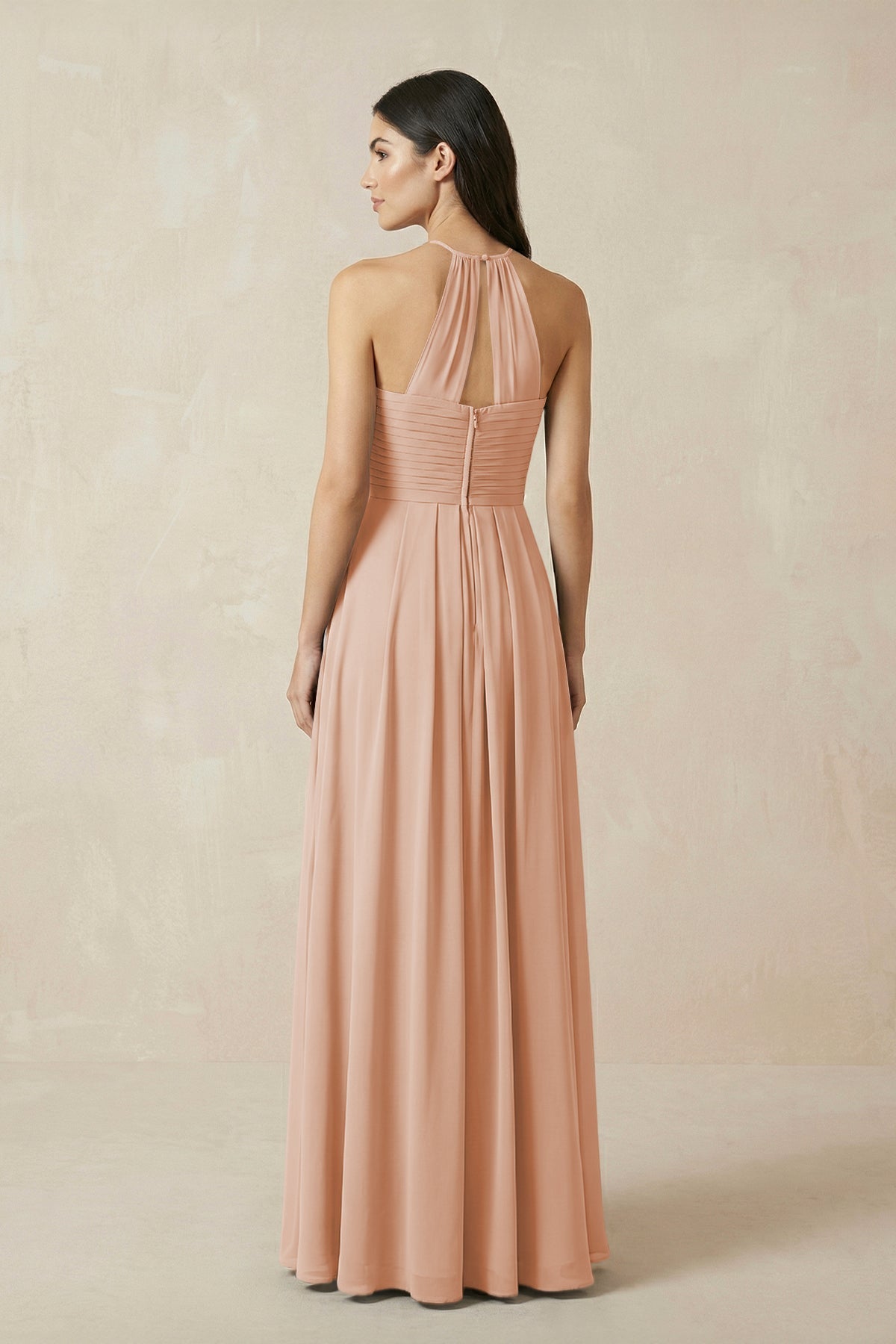 A-Line Halter Neck Pleated Chiffon Bridesmaid Dress in Champagne Rose