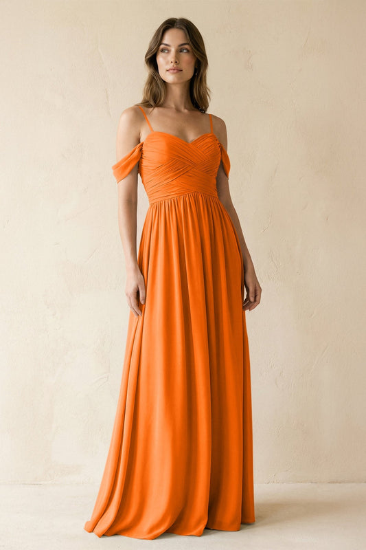 A-Line Off-the-Shoulder Pleated Chiffon Bridesmaid Dress in Cinnamon