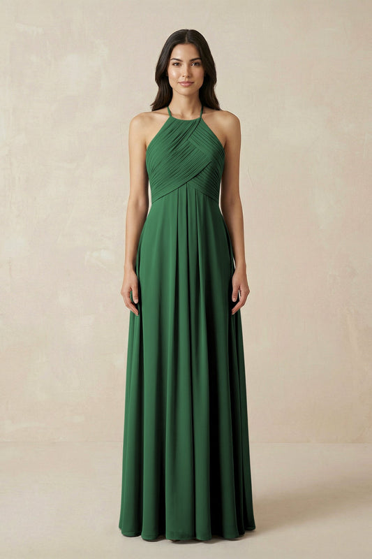 A-Line Halter Neck Pleated Chiffon Bridesmaid Dress in Dark Green