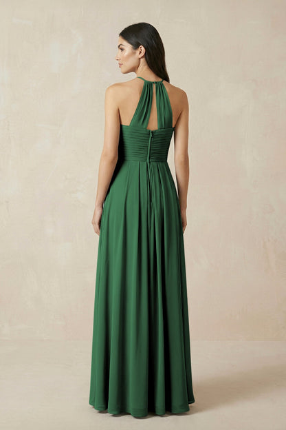A-Line Halter Neck Pleated Chiffon Bridesmaid Dress in Dark Green