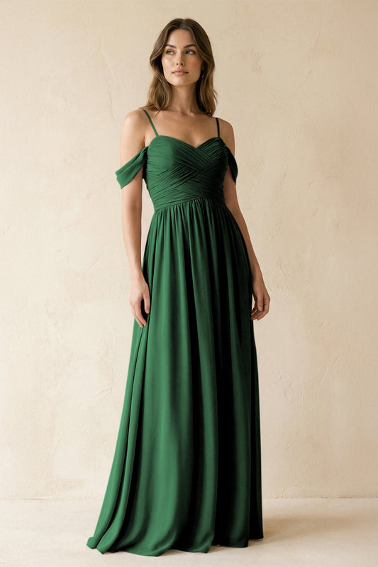 A-Line Off-the-Shoulder Pleated Chiffon Bridesmaid Dress in Dark Green