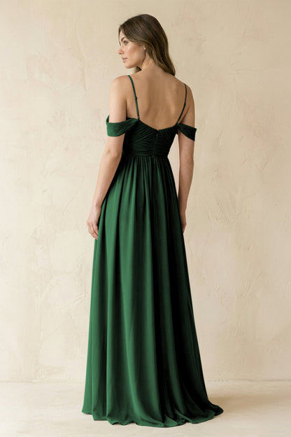 A-Line Off-the-Shoulder Pleated Chiffon Bridesmaid Dress in Dark Green