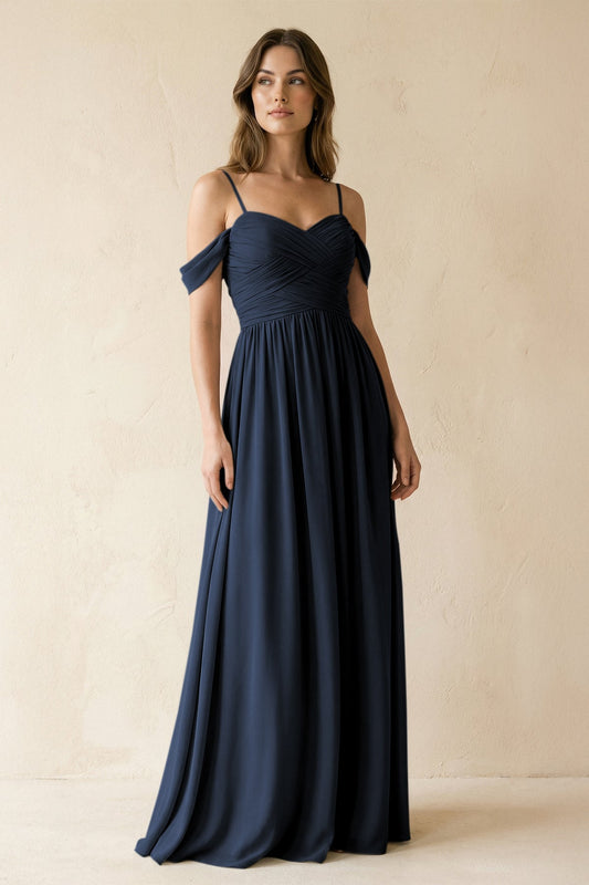A-Line Off-the-Shoulder Pleated Chiffon Bridesmaid Dress in Dark Navy