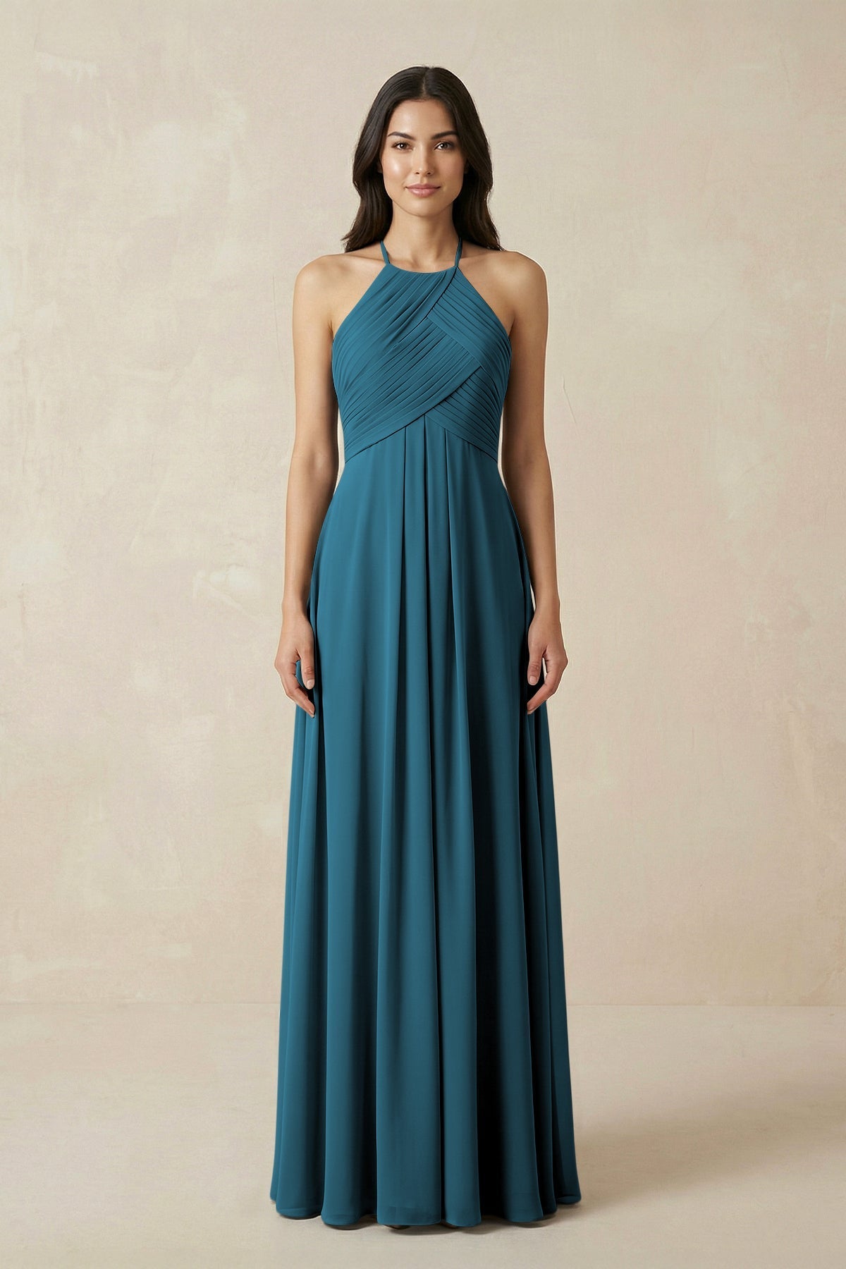 A-Line Halter Neck Pleated Chiffon Bridesmaid Dress in Dark Teal