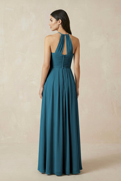 A-Line Halter Neck Pleated Chiffon Bridesmaid Dress in Dark Teal
