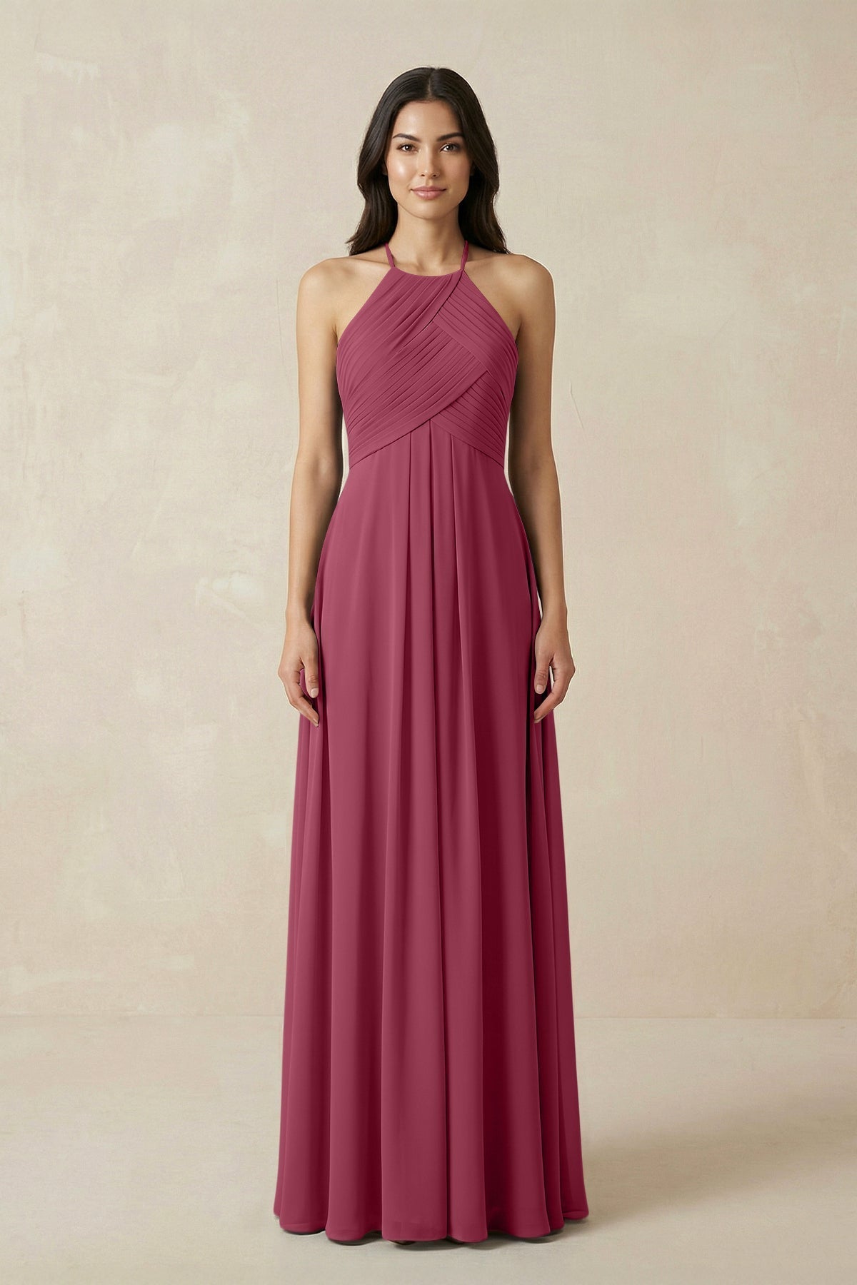 A-Line Halter Neck Pleated Chiffon Bridesmaid Dress in Desert Rose