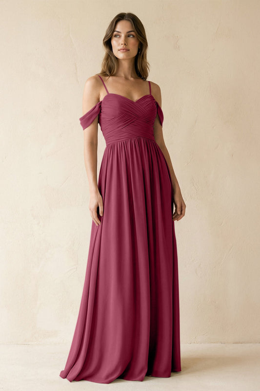 A-Line Off-the-Shoulder Pleated Chiffon Bridesmaid Dress in Desert Rose