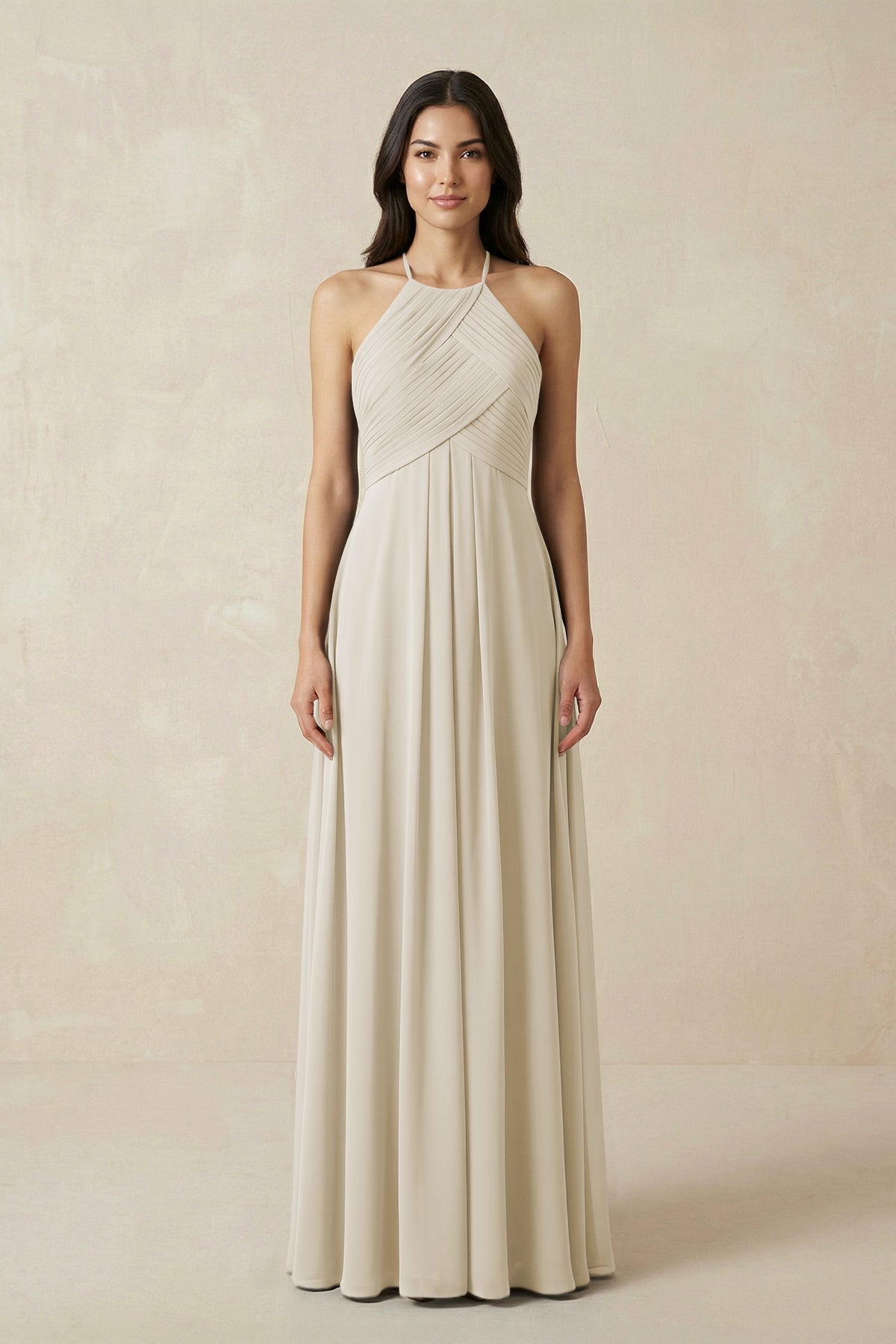 A-Line Halter Neck Pleated Chiffon Bridesmaid Dress in Dove Gray