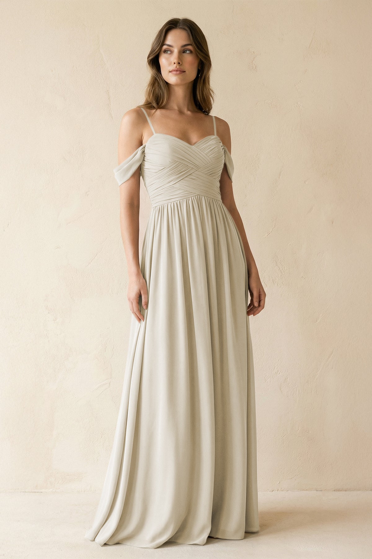 A-Line Off-the-Shoulder Pleated Chiffon Bridesmaid Dress in Dove Gray