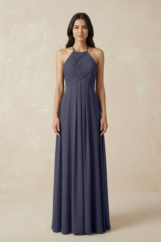 A-Line Halter Neck Pleated Chiffon Bridesmaid Dress in Dusk Blue