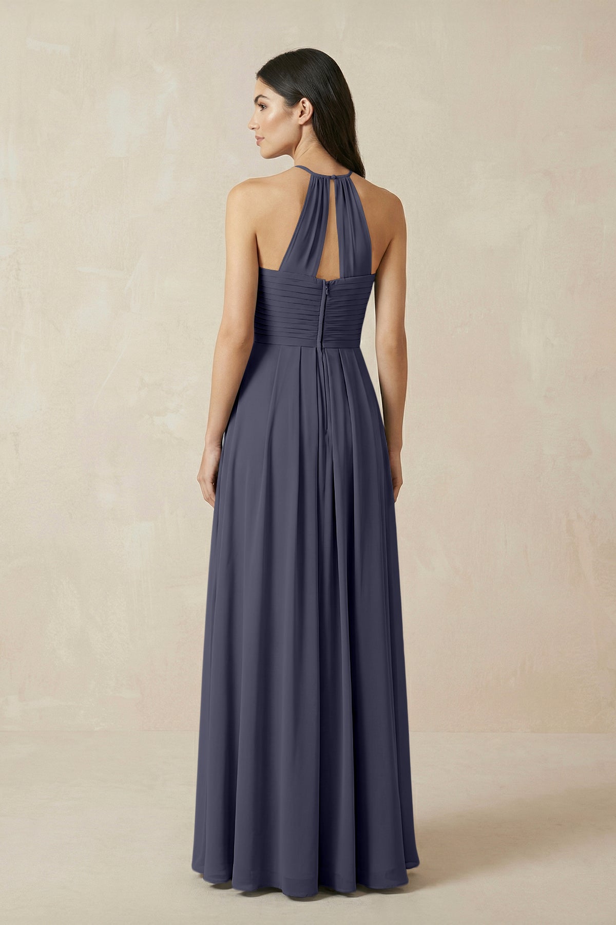 A-Line Halter Neck Pleated Chiffon Bridesmaid Dress in Dusk Blue