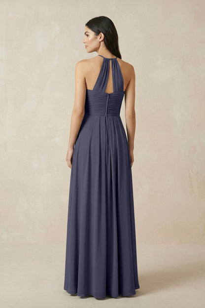 A-Line Halter Neck Pleated Chiffon Bridesmaid Dress in Dusk Blue