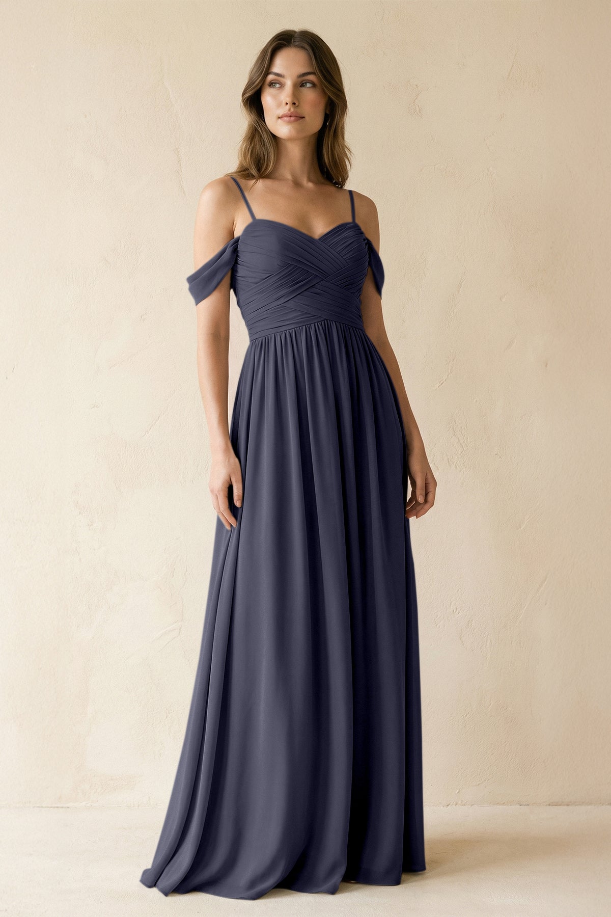 A-Line Off-the-Shoulder Pleated Chiffon Bridesmaid Dress in Dusk Blue