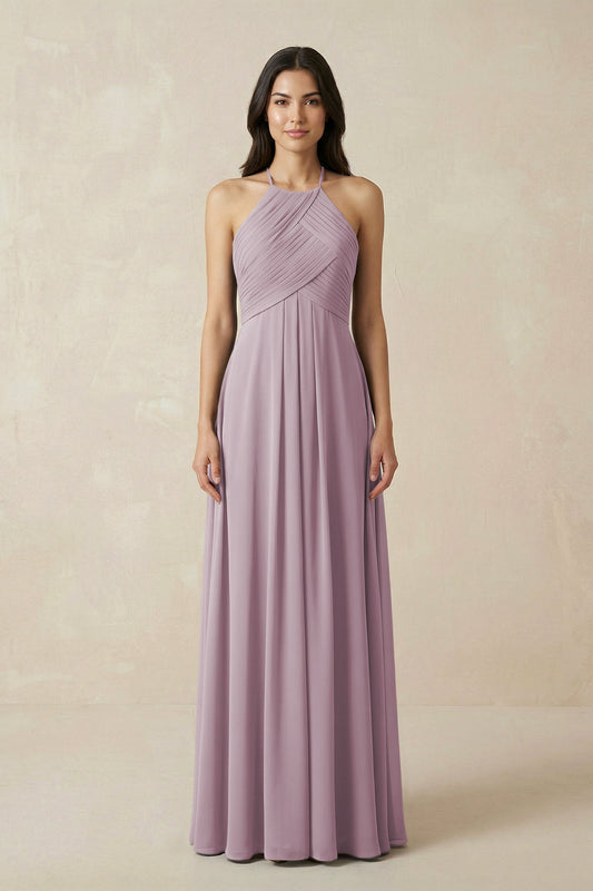 A-Line Halter Neck Pleated Chiffon Bridesmaid Dress in Dusk