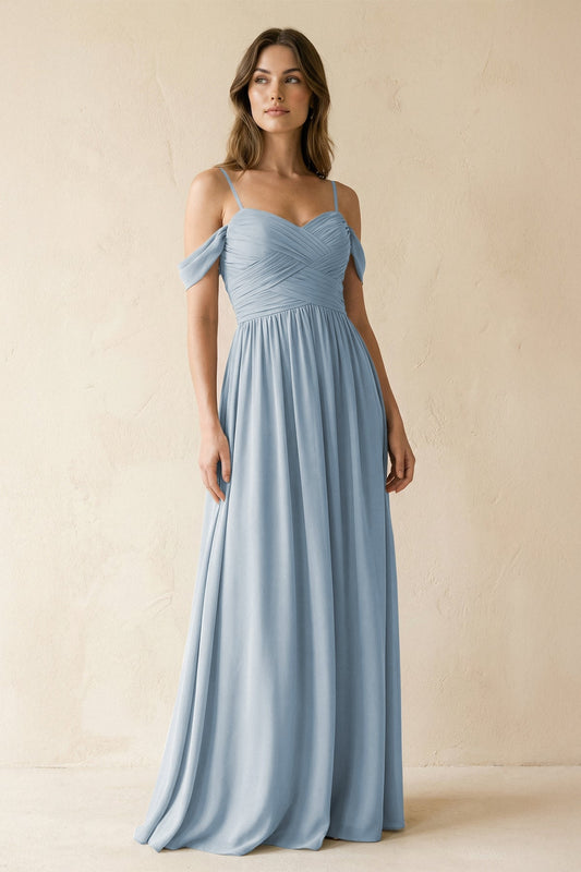 A-Line Off-the-Shoulder Pleated Chiffon Bridesmaid Dress in Dusty Blue