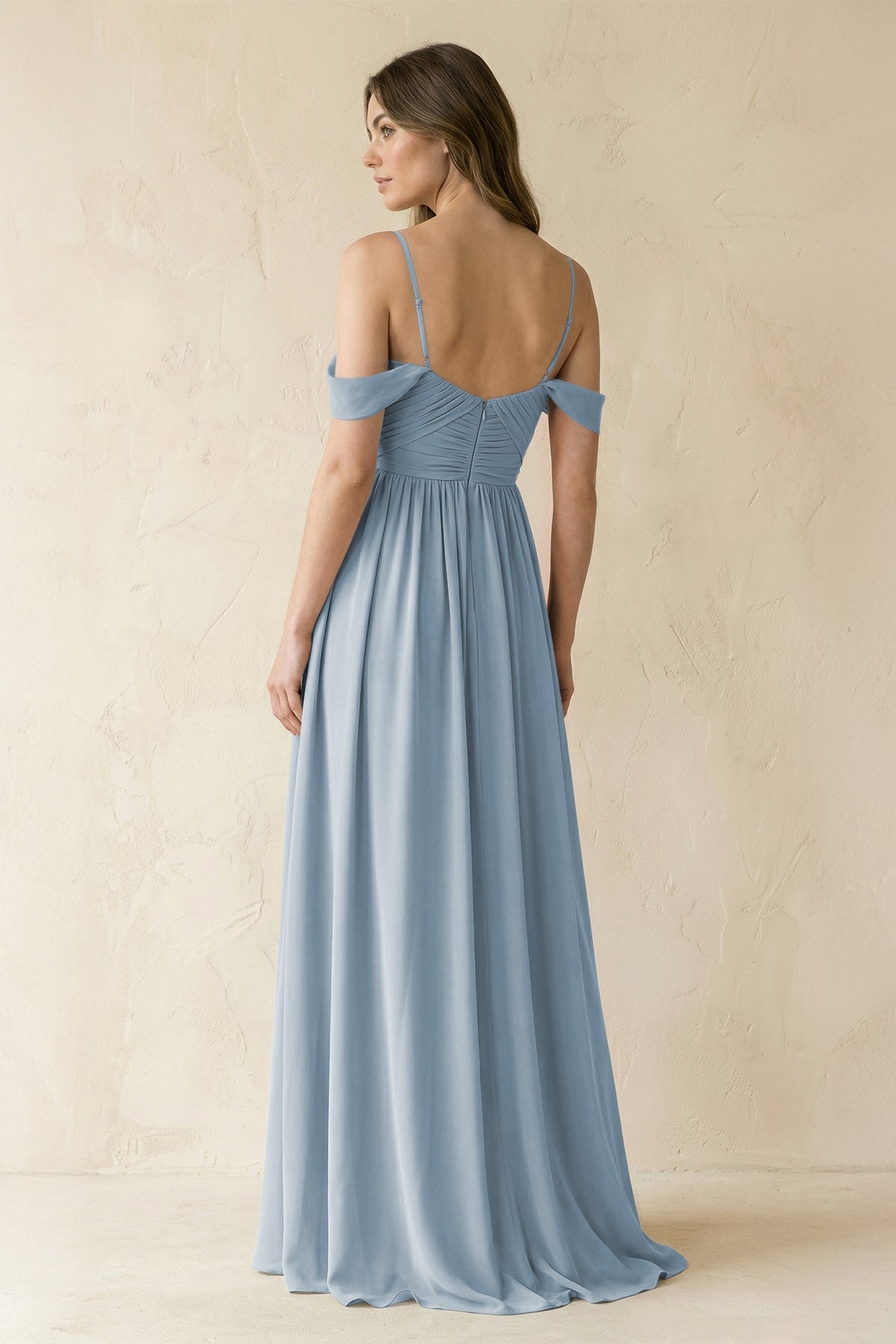 A-Line Off-the-Shoulder Pleated Chiffon Bridesmaid Dress in Dusty Blue