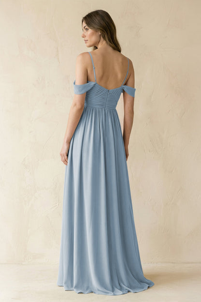 A-Line Off-the-Shoulder Pleated Chiffon Bridesmaid Dress in Dusty Blue