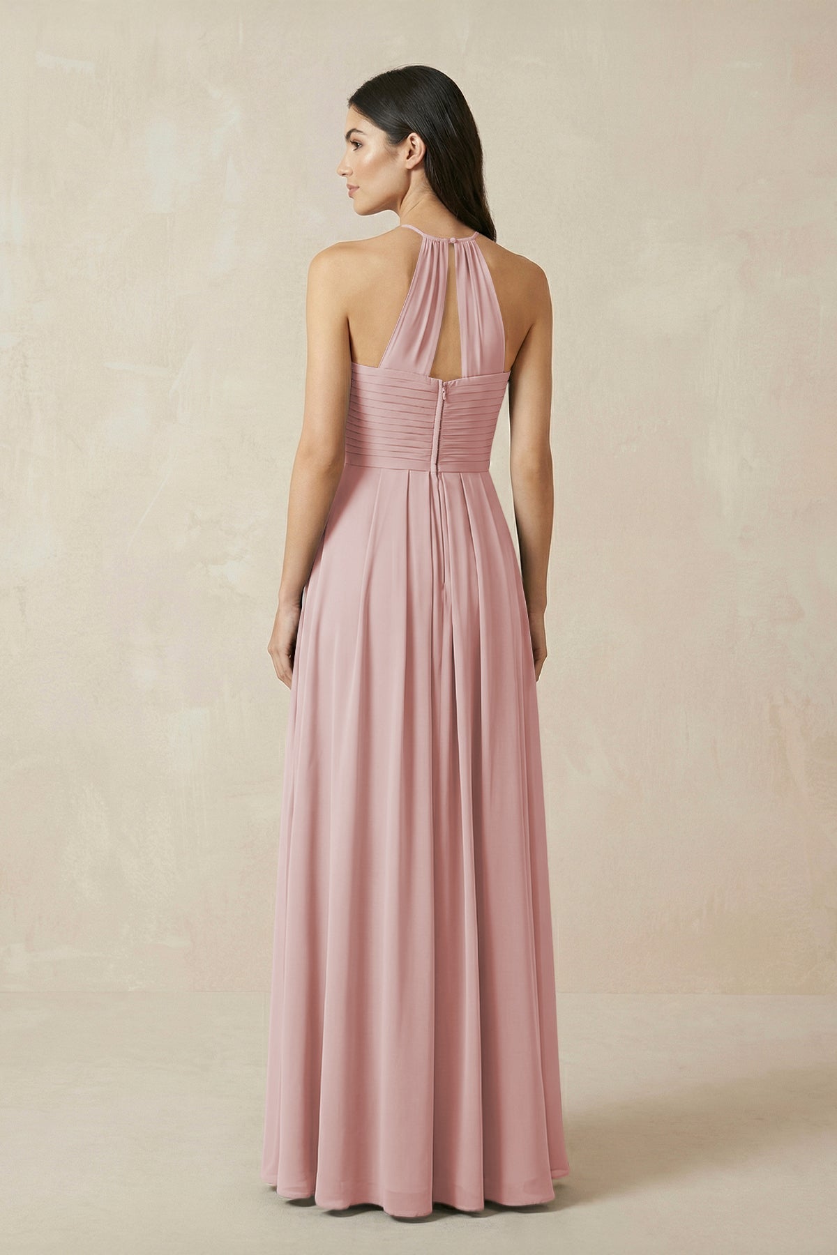 A-Line Halter Neck Pleated Chiffon Bridesmaid Dress in Dusty Rose