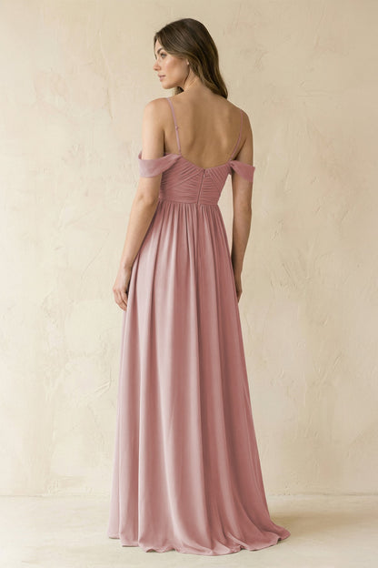 A-Line Off-the-Shoulder Pleated Chiffon Bridesmaid Dress in Dusty Rose