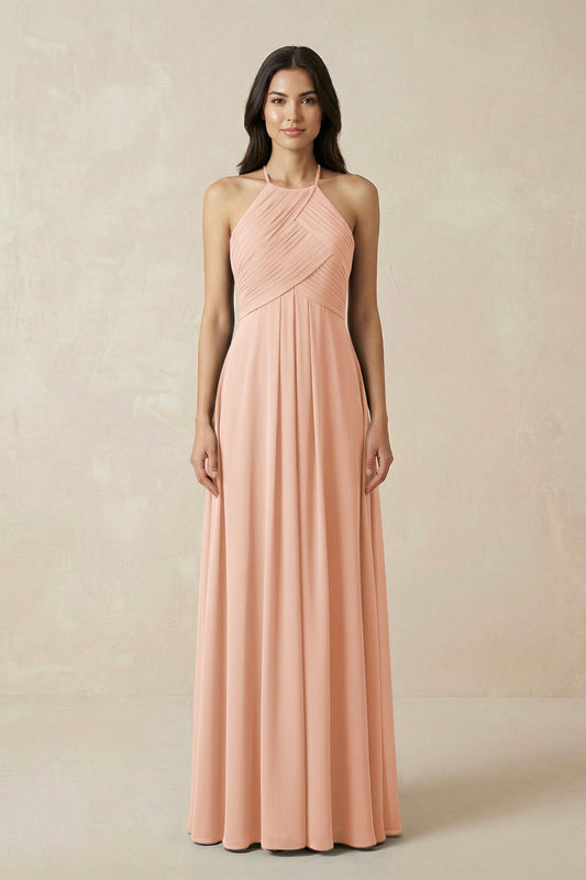 A-Line Halter Neck Pleated Chiffon Bridesmaid Dress in English Rose