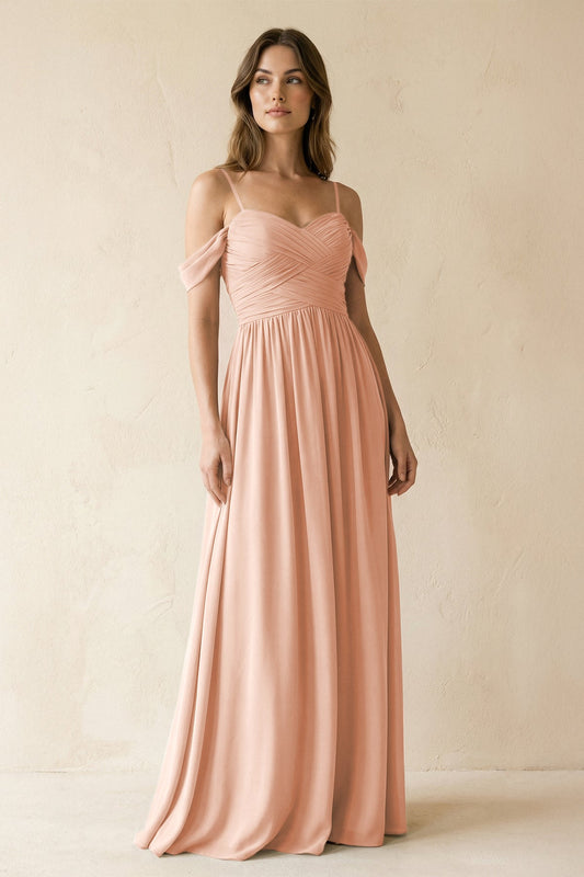 A-Line Off-the-Shoulder Pleated Chiffon Bridesmaid Dress in English Rose