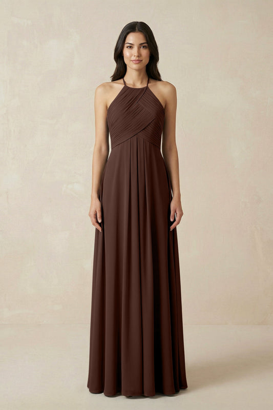 A-Line Halter Neck Pleated Chiffon Bridesmaid Dress in Espresso