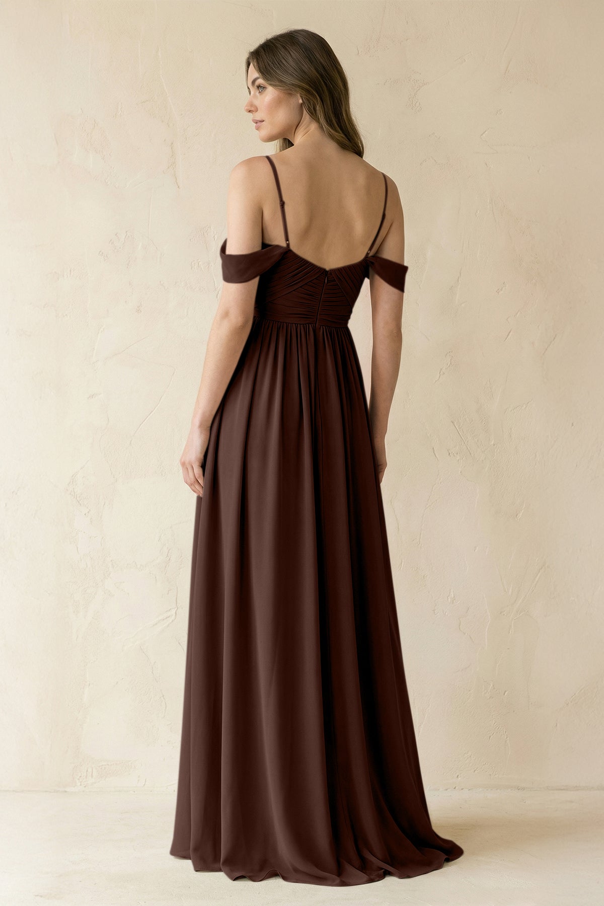 A-Line Off-the-Shoulder Pleated Chiffon Bridesmaid Dress in Espresso