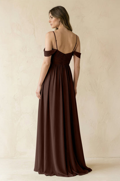 A-Line Off-the-Shoulder Pleated Chiffon Bridesmaid Dress in Espresso