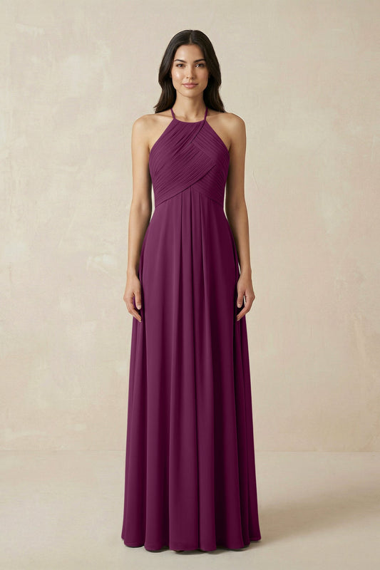 A-Line Halter Neck Pleated Chiffon Bridesmaid Dress in Fig