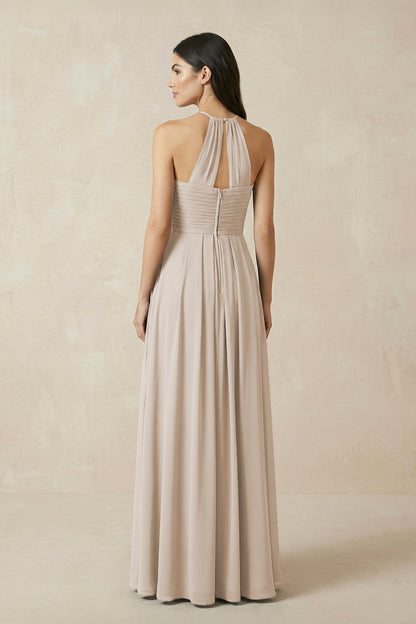 A-Line Halter Neck Pleated Chiffon Bridesmaid Dress in Frost