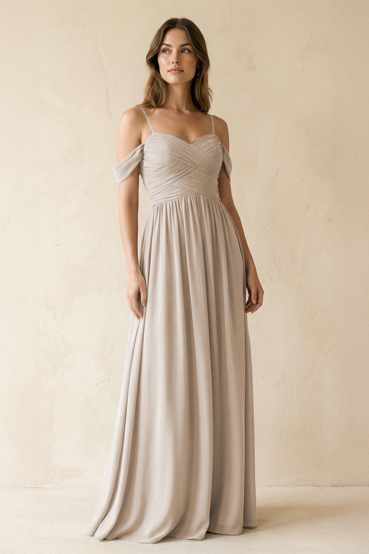 A-Line Off-the-Shoulder Pleated Chiffon Bridesmaid Dress in Frost