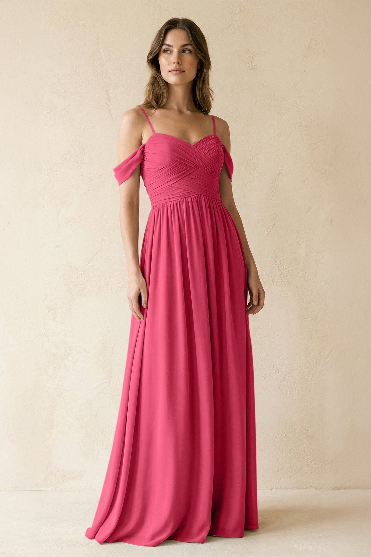 A-Line Off-the-Shoulder Pleated Chiffon Bridesmaid Dress in Fuchsia