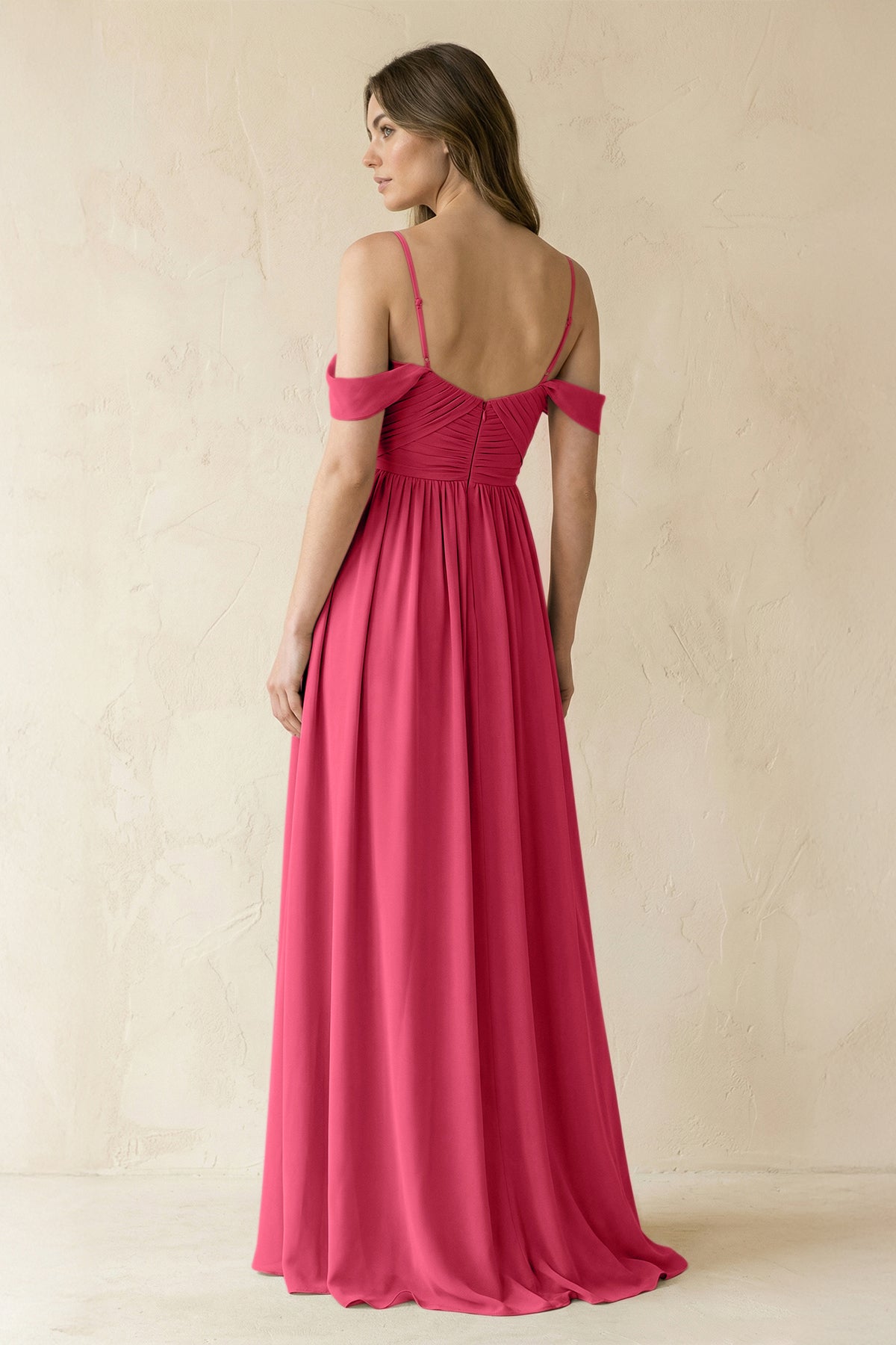 A-Line Off-the-Shoulder Pleated Chiffon Bridesmaid Dress in Fuchsia
