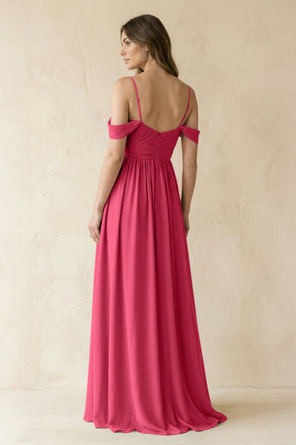 A-Line Off-the-Shoulder Pleated Chiffon Bridesmaid Dress in Fuchsia