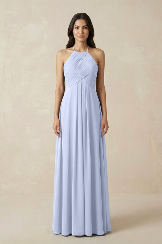 A-Line Halter Neck Pleated Chiffon Bridesmaid Dress in Ice