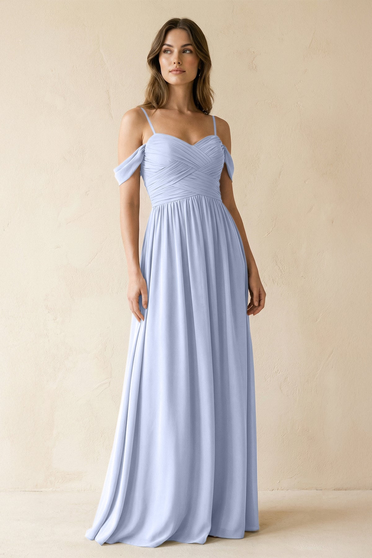 A-Line Off-the-Shoulder Pleated Chiffon Bridesmaid Dress in Ice