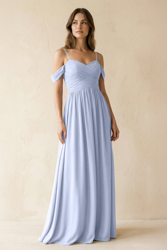 A-Line Off-the-Shoulder Pleated Chiffon Bridesmaid Dress in Ice
