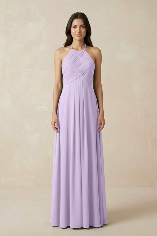 A-Line Halter Neck Pleated Chiffon Bridesmaid Dress in Lavender