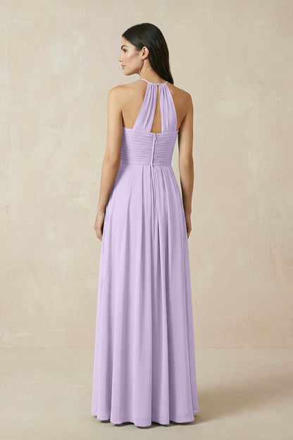 A-Line Halter Neck Pleated Chiffon Bridesmaid Dress in Lavender