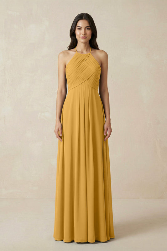 A-Line Halter Neck Pleated Chiffon Bridesmaid Dress in Marigold