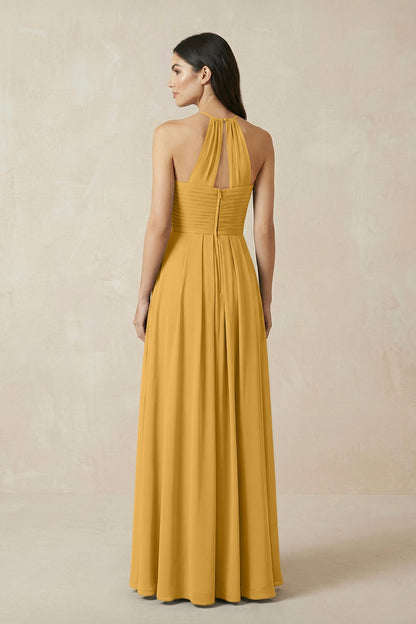 A-Line Halter Neck Pleated Chiffon Bridesmaid Dress in Marigold