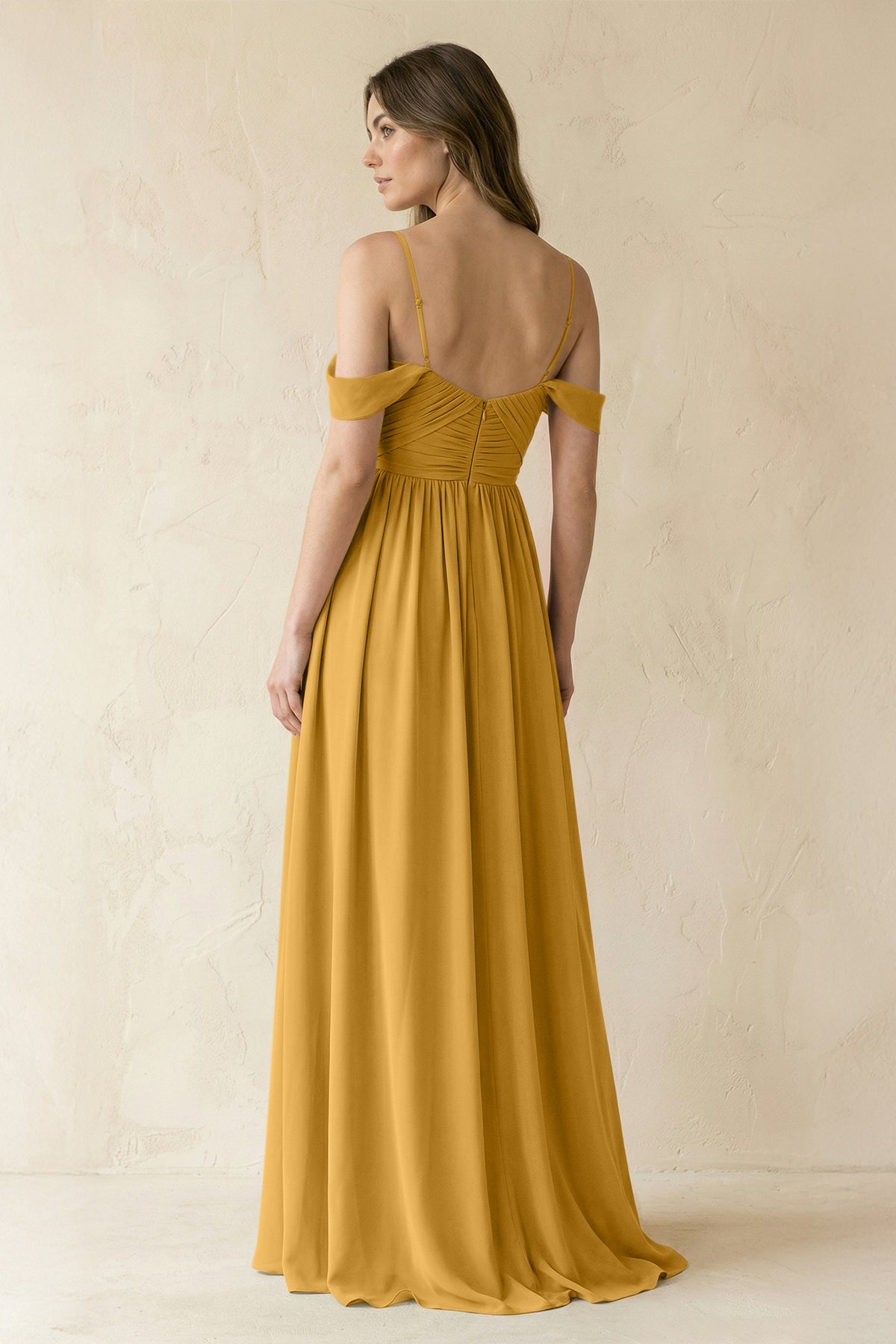 A-Line Off-the-Shoulder Pleated Chiffon Bridesmaid Dress in Marigold