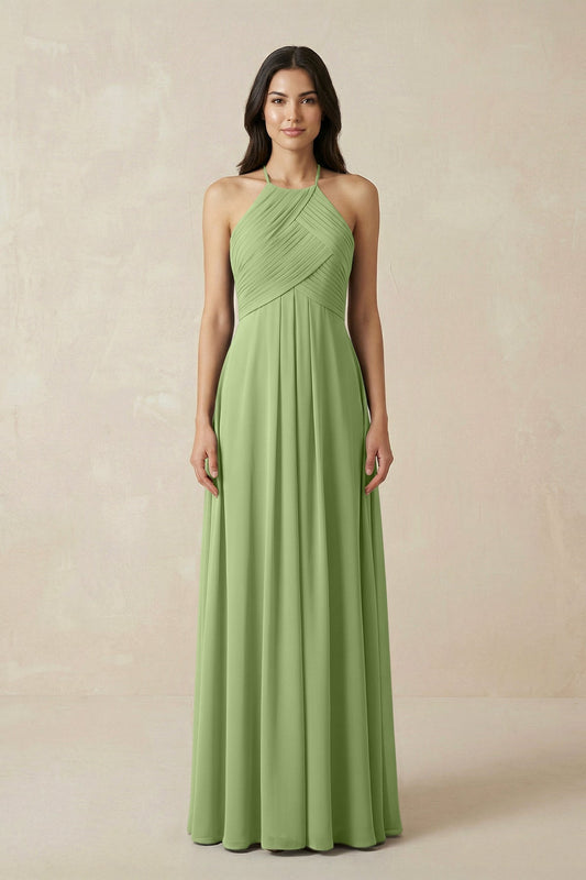 A-Line Halter Neck Pleated Chiffon Bridesmaid Dress in Matcha