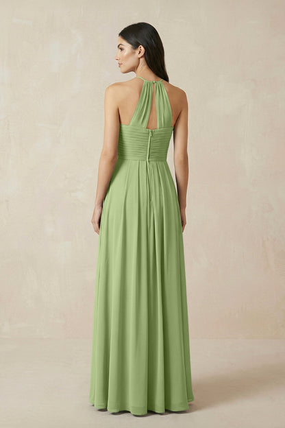 A-Line Halter Neck Pleated Chiffon Bridesmaid Dress in Matcha