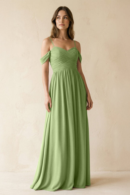 A-Line Off-the-Shoulder Pleated Chiffon Bridesmaid Dress in Matcha