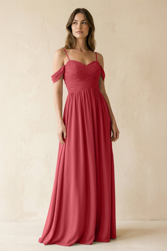 A-Line Off-the-Shoulder Pleated Chiffon Bridesmaid Dress in Merlot