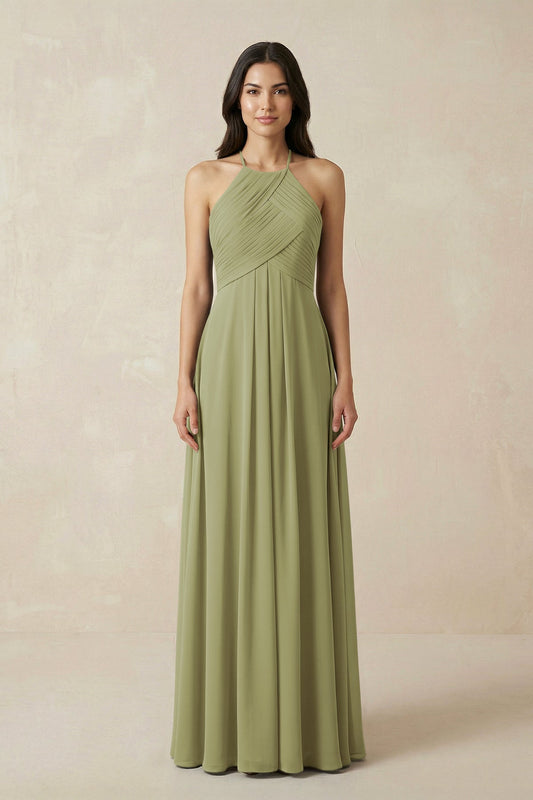 A-Line Halter Neck Pleated Chiffon Bridesmaid Dress in Moss Green