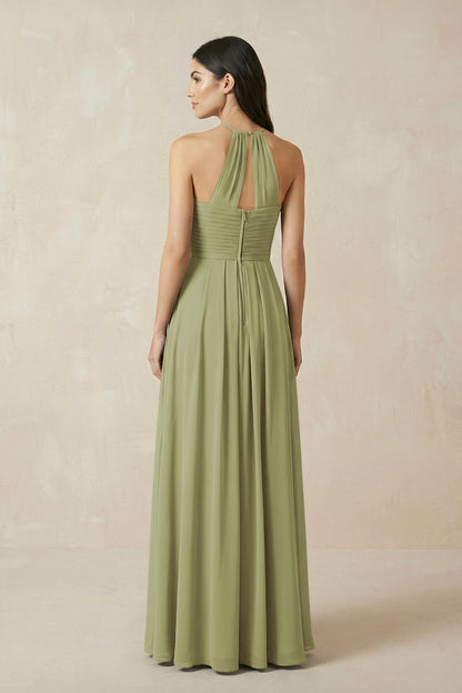 A-Line Halter Neck Pleated Chiffon Bridesmaid Dress in Moss Green