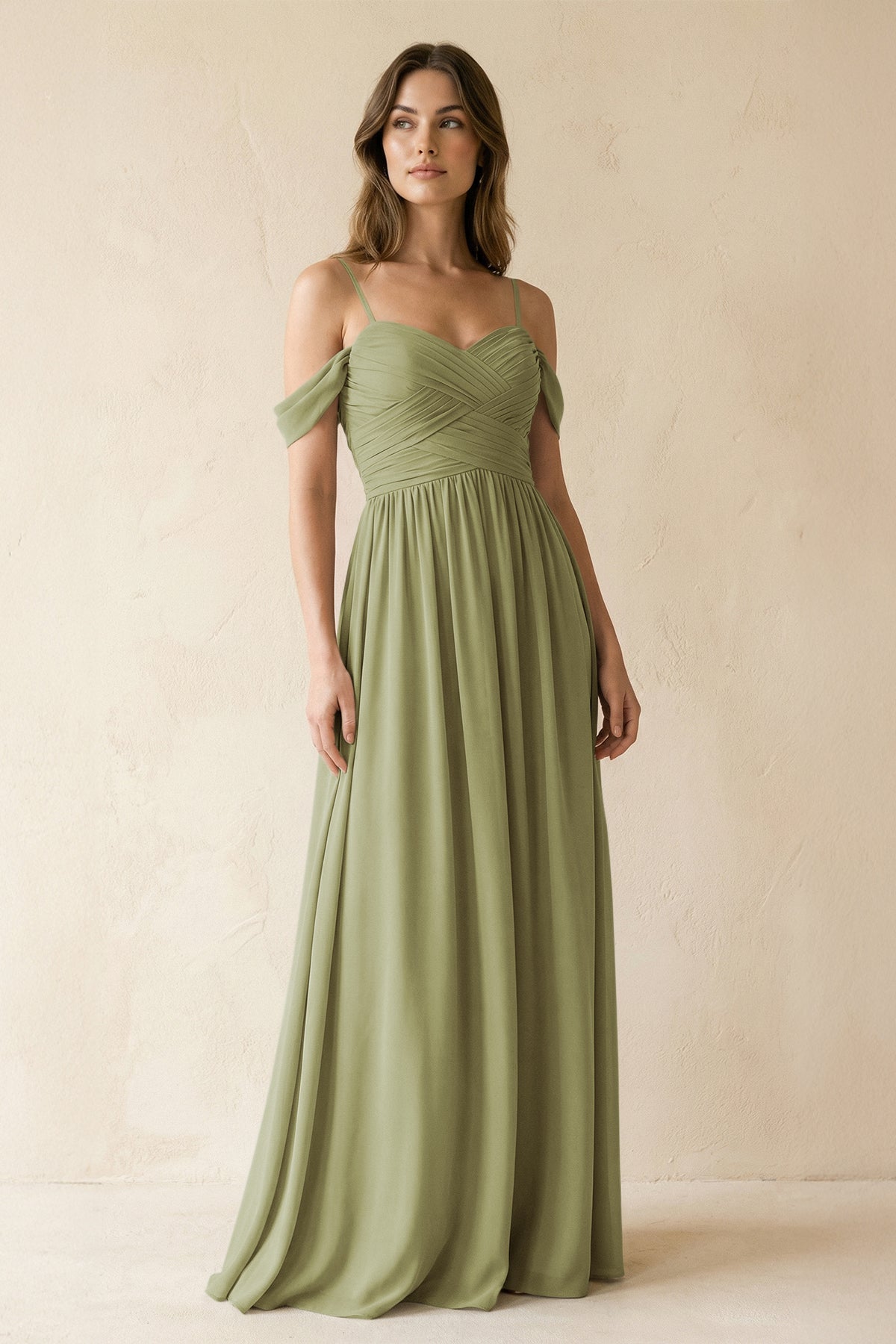A-Line Off-the-Shoulder Pleated Chiffon Bridesmaid Dress in Moss Green