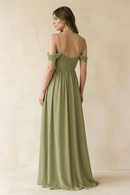 A-Line Off-the-Shoulder Pleated Chiffon Bridesmaid Dress in Moss Green